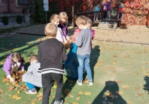 dzieci wkładają liście do worka